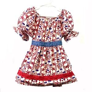 🌹Matilda Jane Girls Dress Red White Blue Puff Sleeves Tie Waist Cotton Sz 10